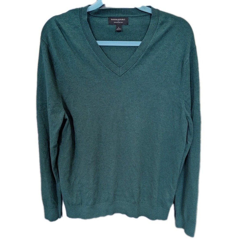 Banana Republic Mens L Premium Luxe Yarn Sweater Green V Neck Silk Cashmere Blnd